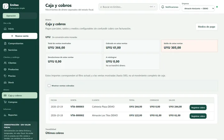 Pantalla Caja y cobros de Emiteo Demo: total de ventas, cobrado, saldo pendiente y ventas para registrar cobro.